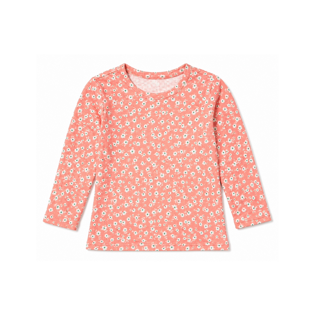 Girls Top - Rib Coral Ditsy Floral