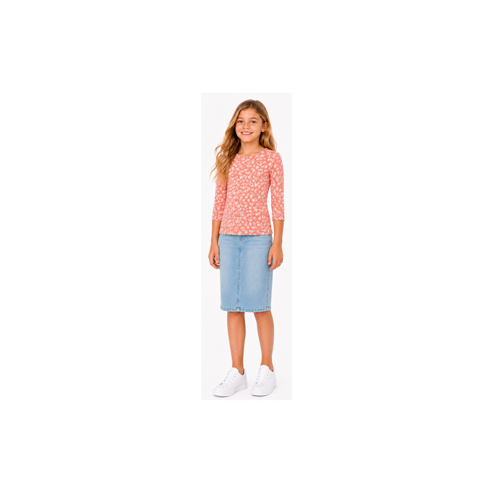 Girls Top - Rib Coral Ditsy Floral