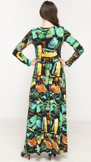 Maxi Belted Dress - Green Scribble