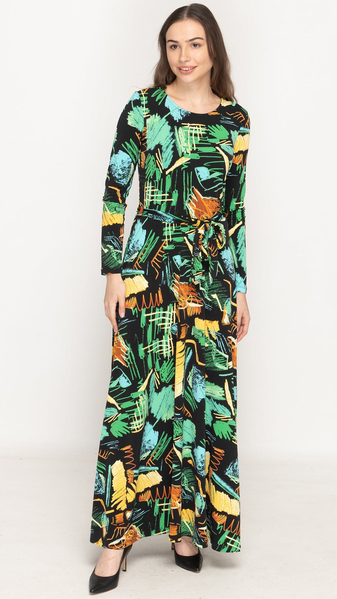 Maxi Belted Dress - Green Scribble