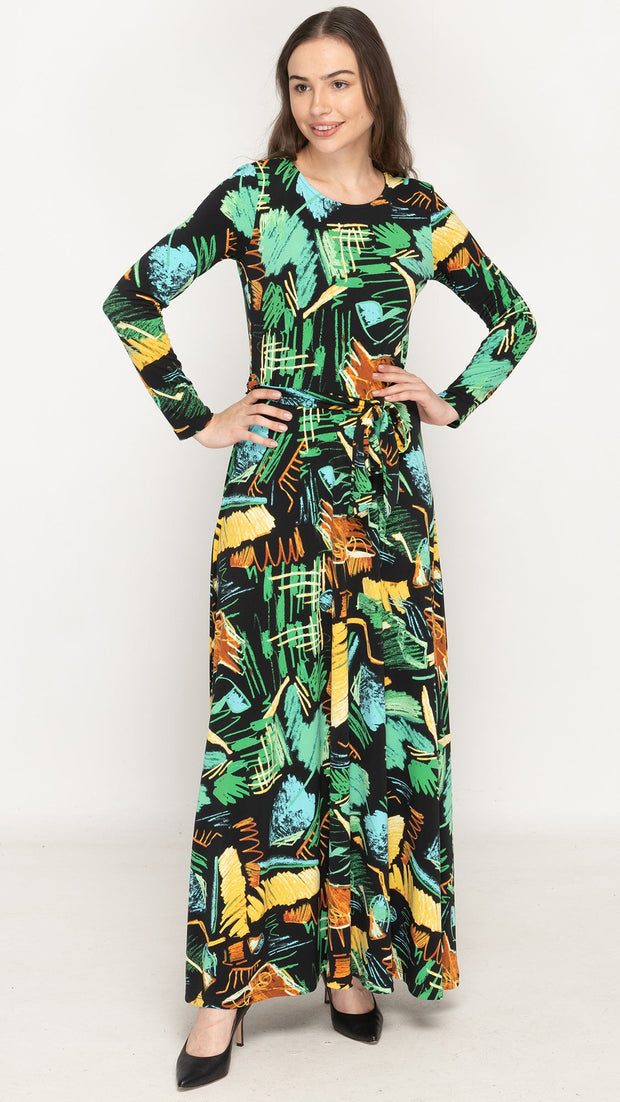 Maxi Belted Dress - Green Scribble