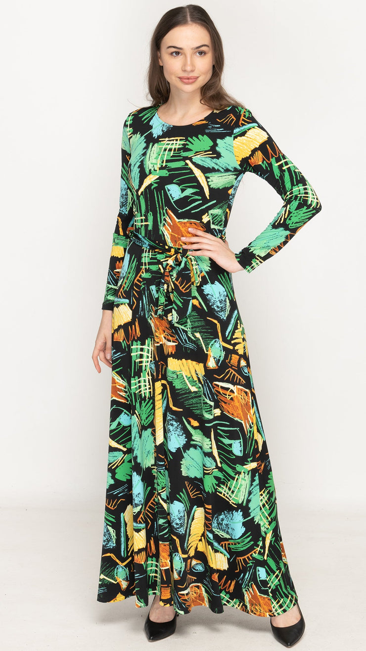 Maxi Belted Dress - Green Scribble