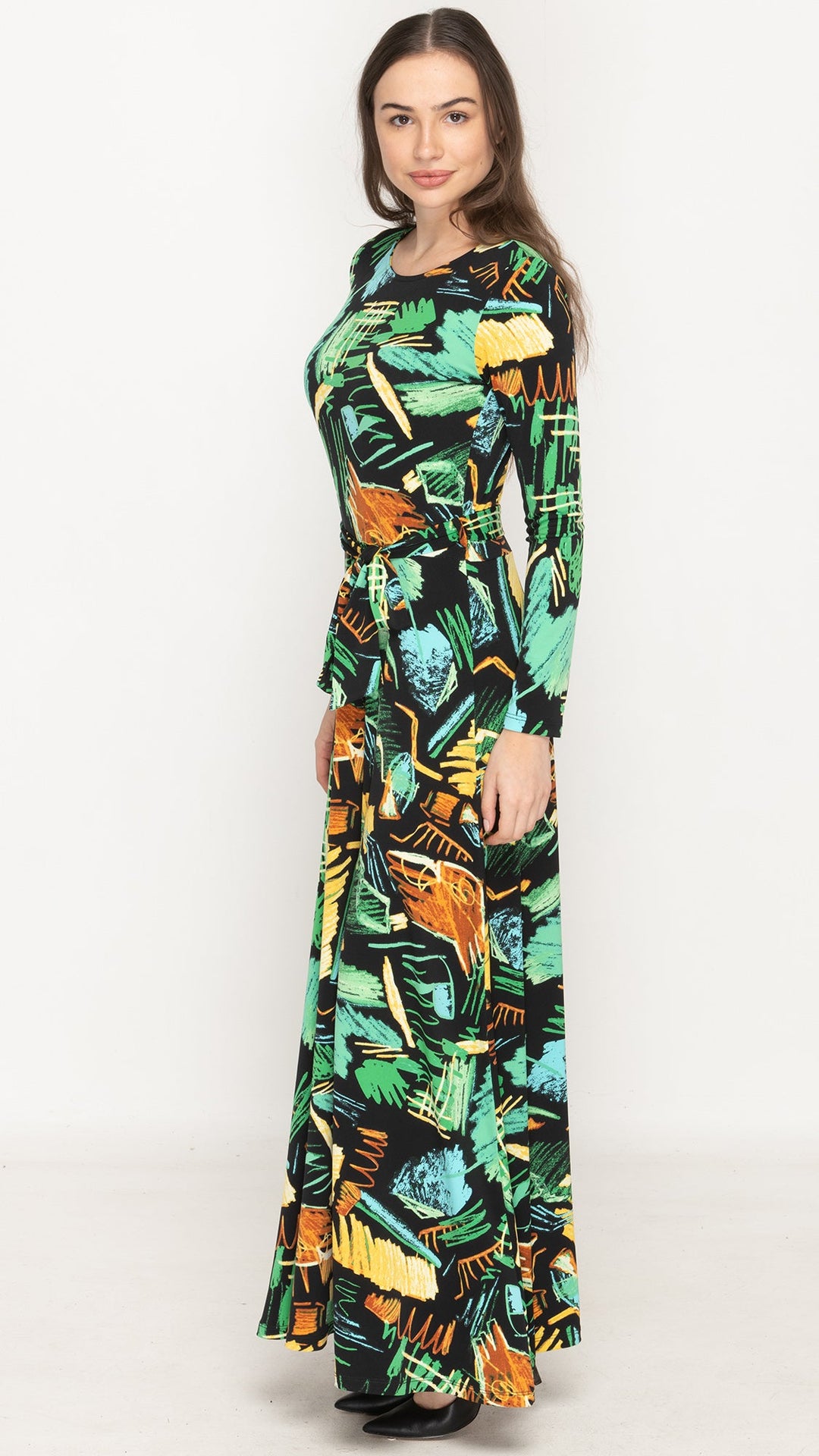 Maxi Belted Dress - Green Scribble