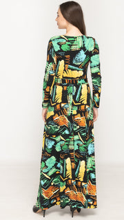 Maxi Belted Dress - Green Scribble