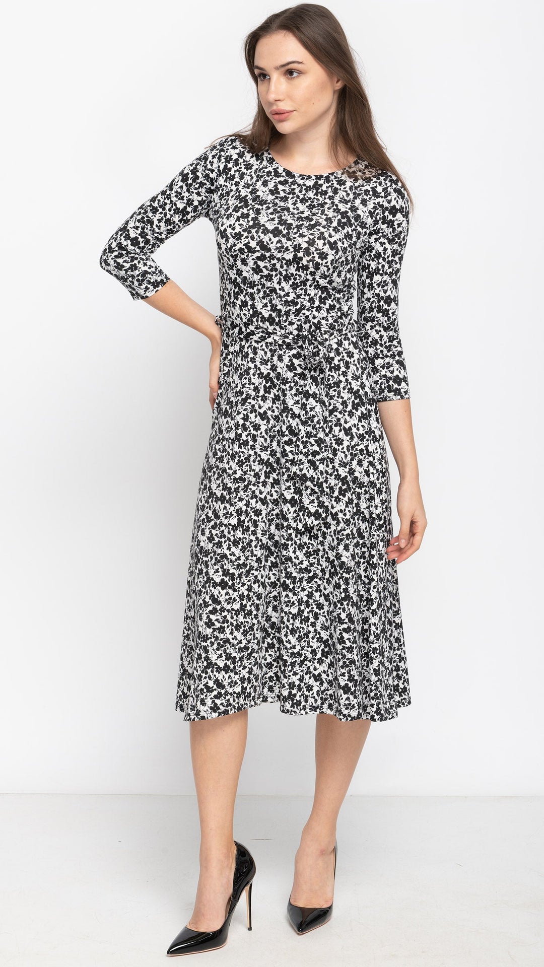 *XSMALL* Belted Midi Dress - Black/White Ditsy