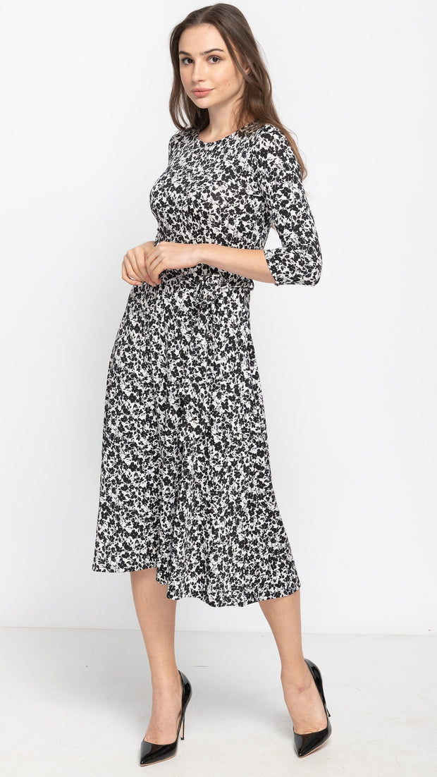 *XSMALL* Belted Midi Dress - Black/White Ditsy