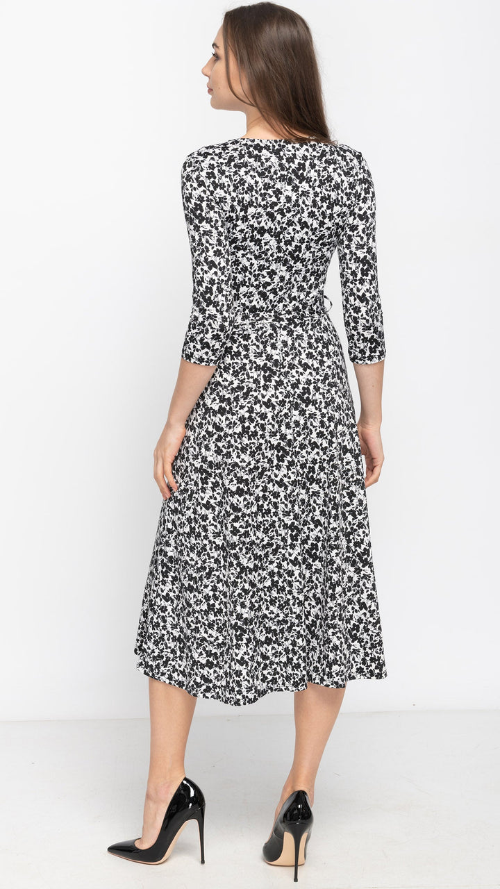 *XSMALL* Belted Midi Dress - Black/White Ditsy