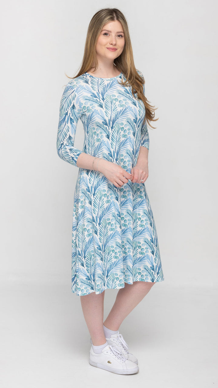 A-Line Jersey Dress Blue Leaves Print
