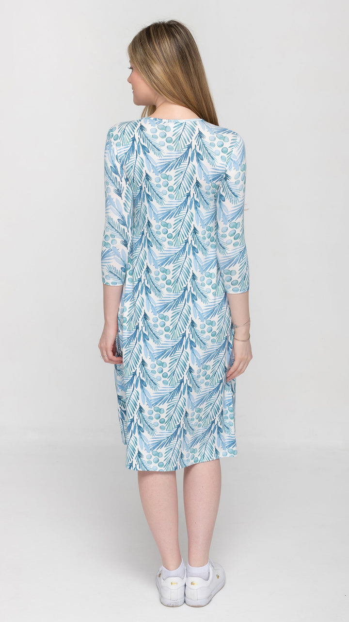 A-Line Jersey Dress Blue Leaves Print