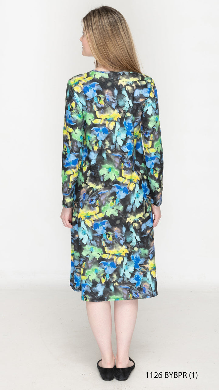 Belted A-Line Yellow Blue Abstract Floral
