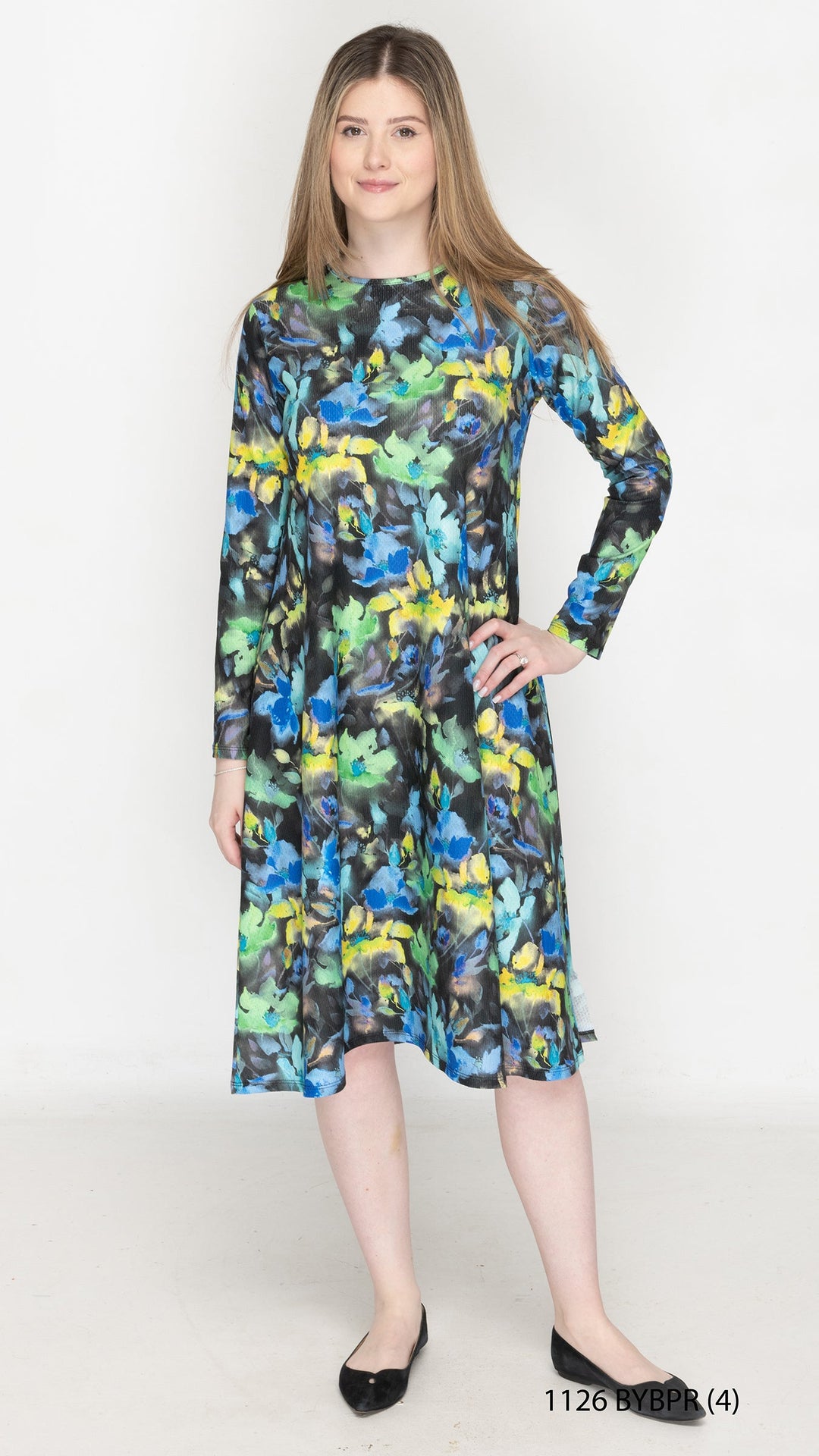 Belted A-Line Yellow Blue Abstract Floral
