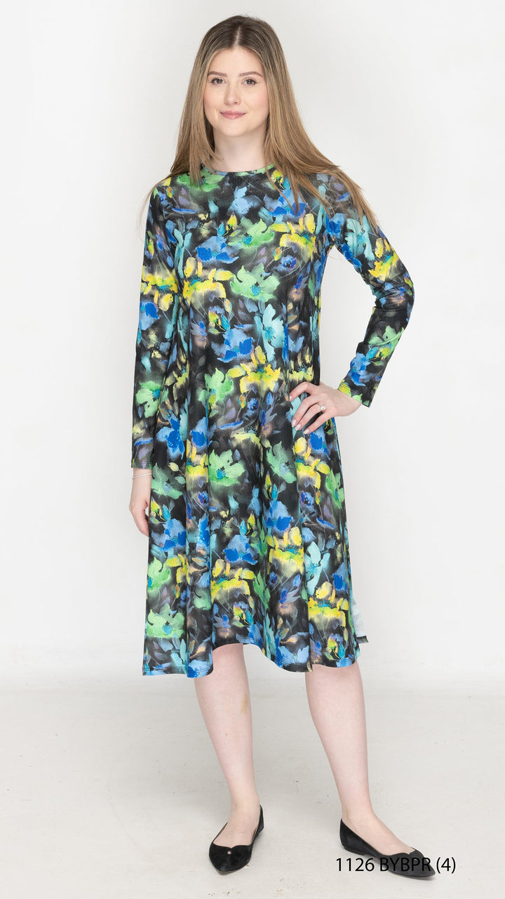 Belted A-Line Yellow Blue Abstract Floral