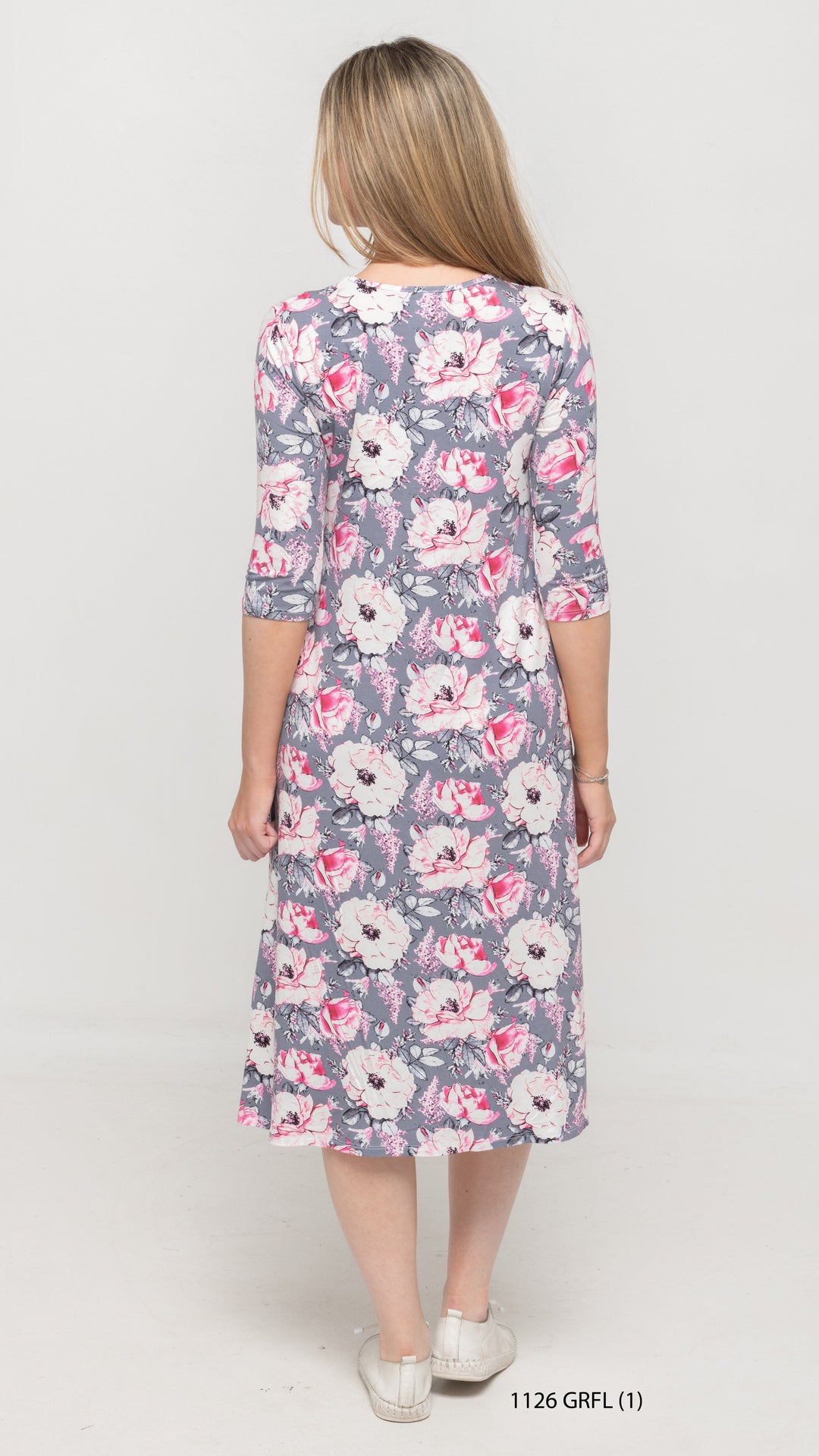 A-Line Jersey Dress Grey Pink Floral Print