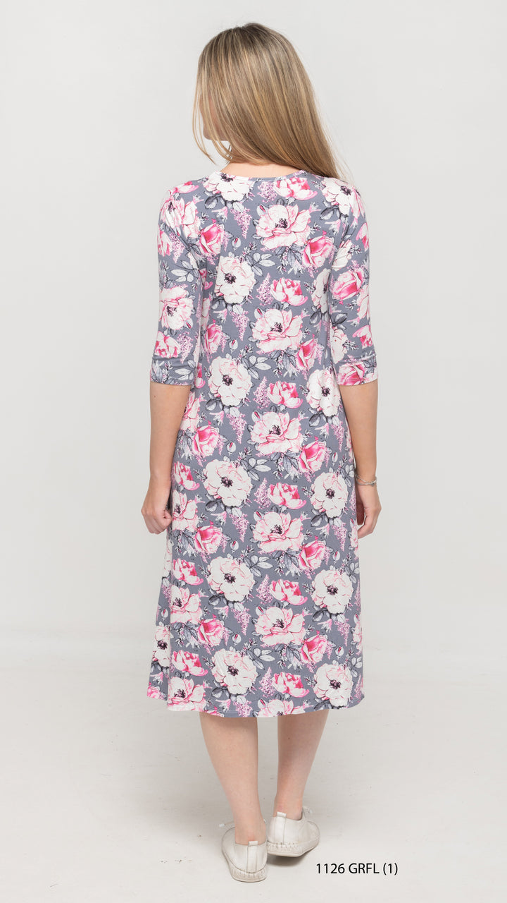A-Line Jersey Dress Grey Pink Floral Print
