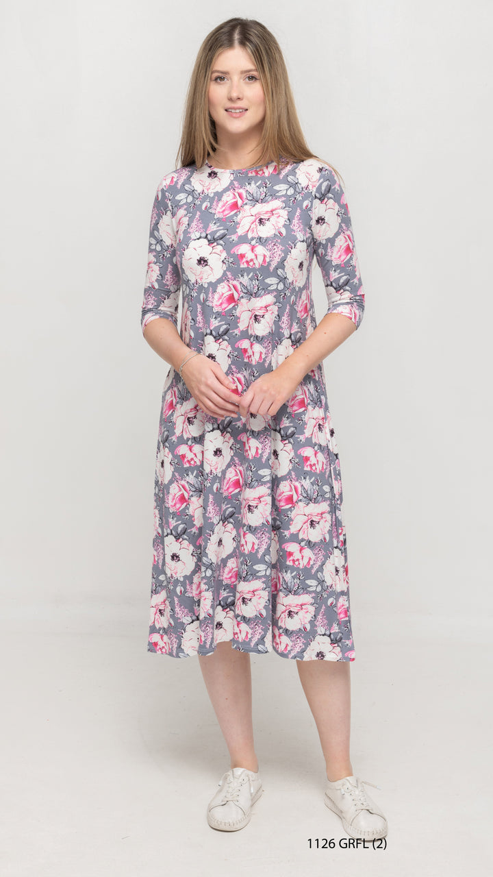 A-Line Jersey Dress Grey Pink Floral Print