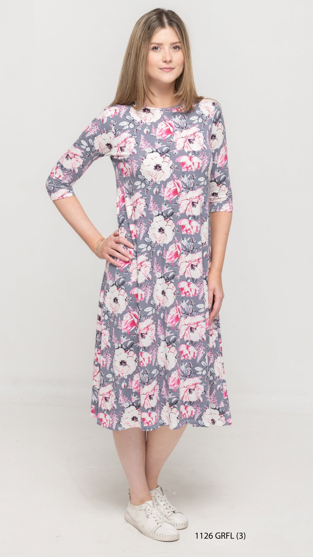 A-Line Jersey Dress Grey Pink Floral Print