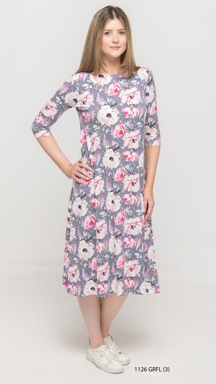 A-Line Jersey Dress Grey Pink Floral Print