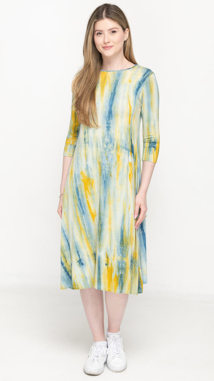 A-Line Jersey Dress Yellow Blue Tie Dye