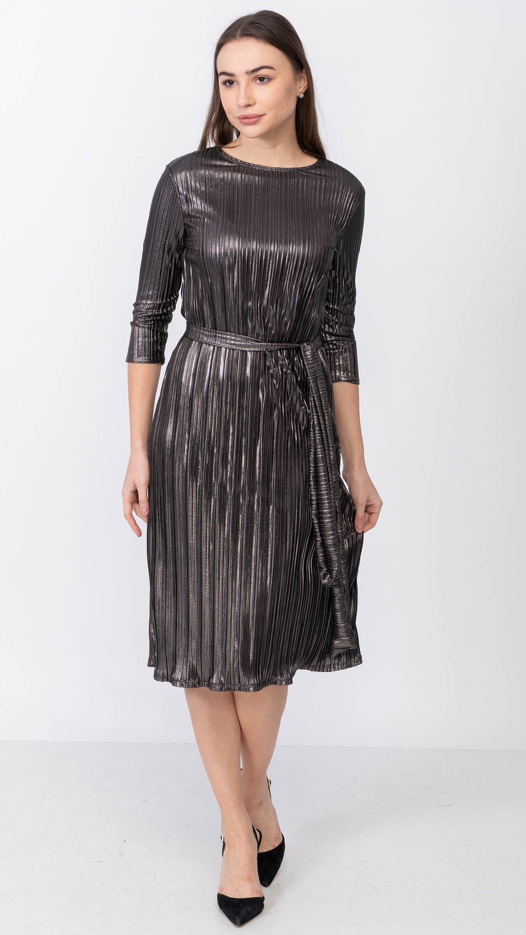 A-Line Dress - Metallic Pleated