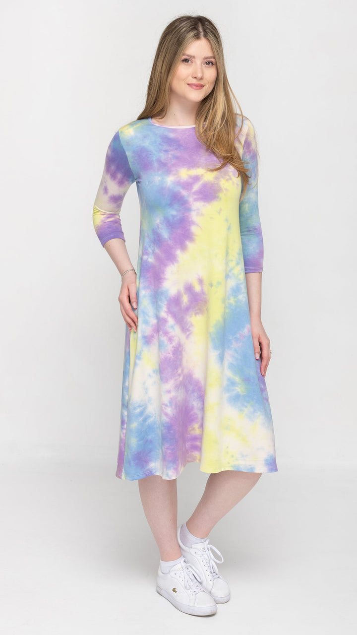 A-Line Jersey Dress Pastel Yellow Tie Dye Print