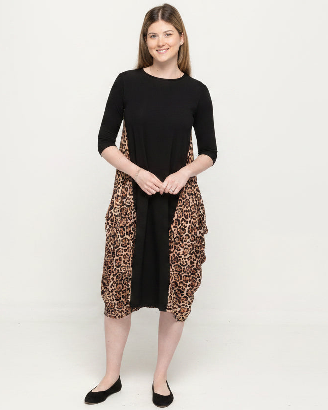 KMW Boho Dress in Black and Brown Leopard, front hero view