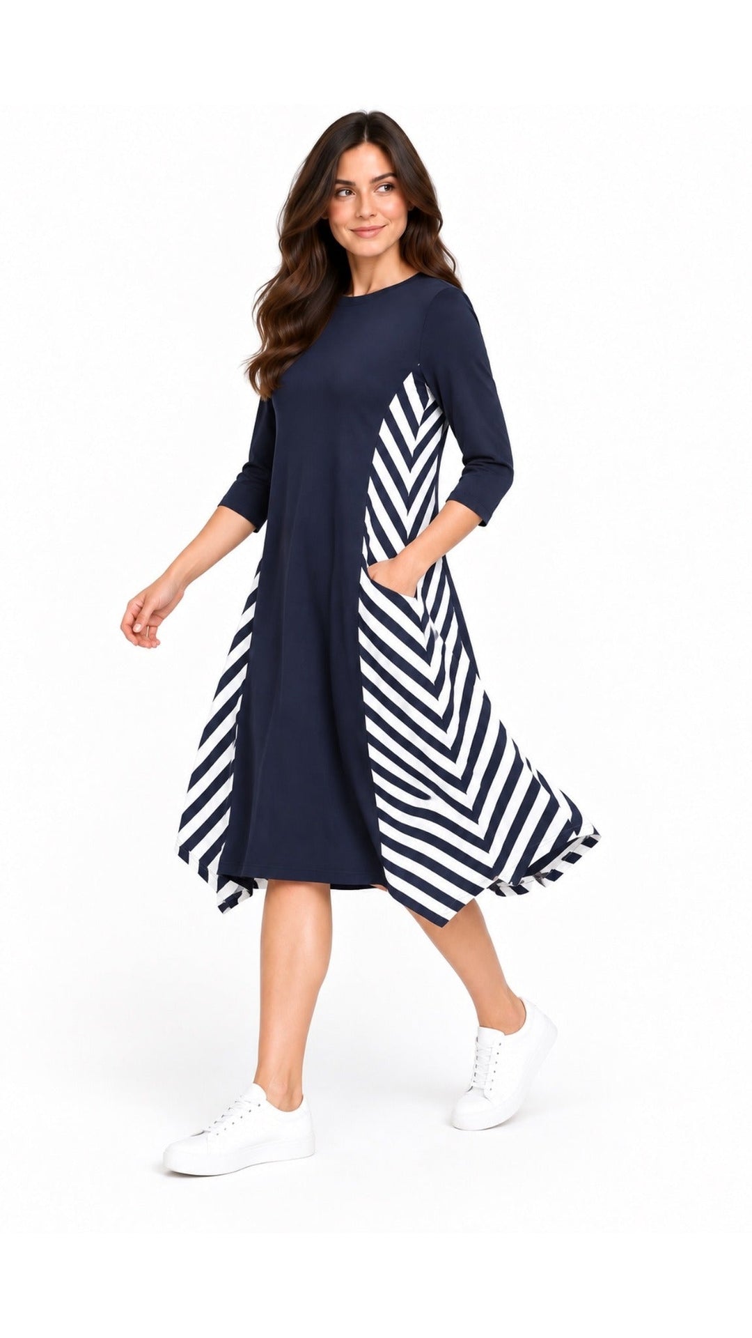 KMW Boho Dress Navy Stripes, movement view