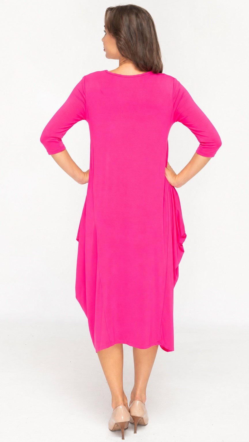 Style 1153 Fuchsia Boho Dress, back view, 3/4 sleeves