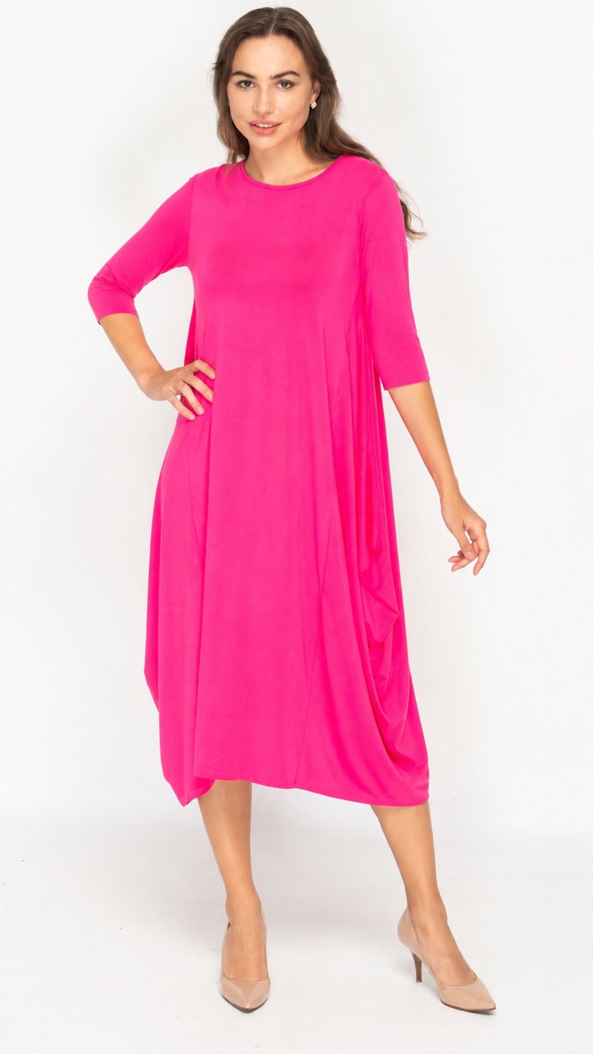 Style 1153 Fuchsia Boho Dress, side view, 3/4 sleeves