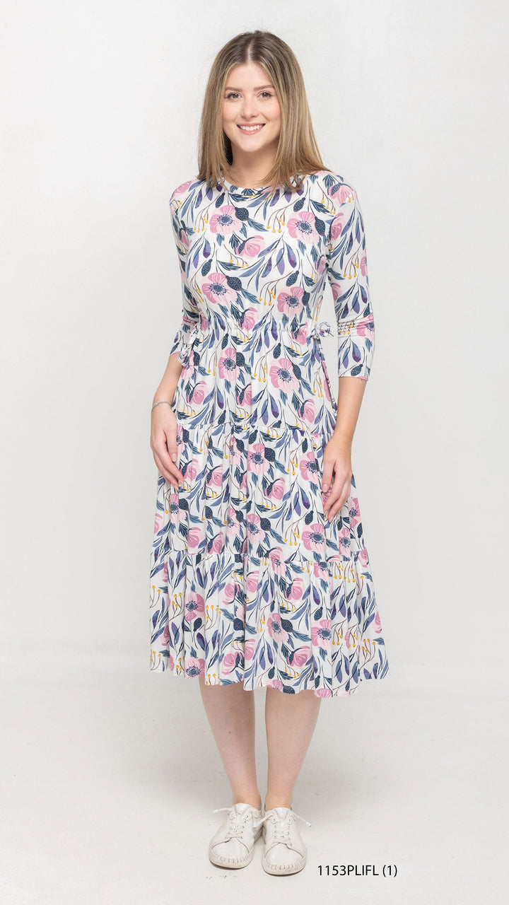 Tiered Drawstring White Pink Floral Dress