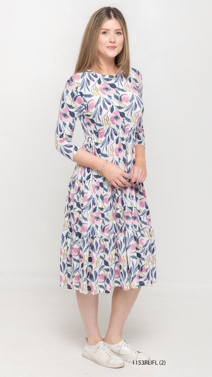 Tiered Drawstring White Pink Floral Dress