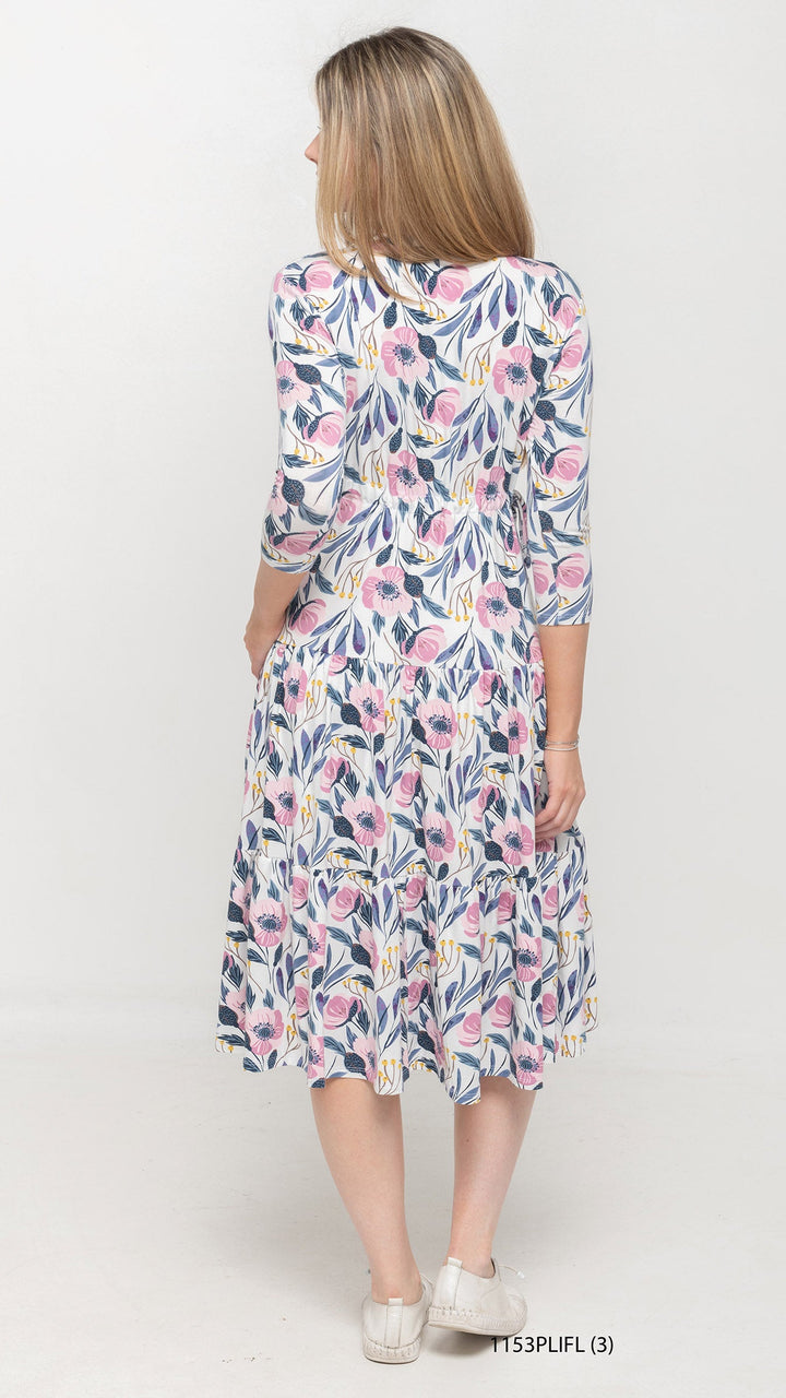 Tiered Drawstring White Pink Floral Dress