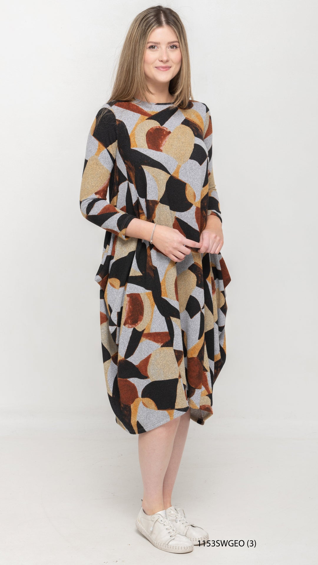 Boho Sweater Knit Dress - Taupe Geo