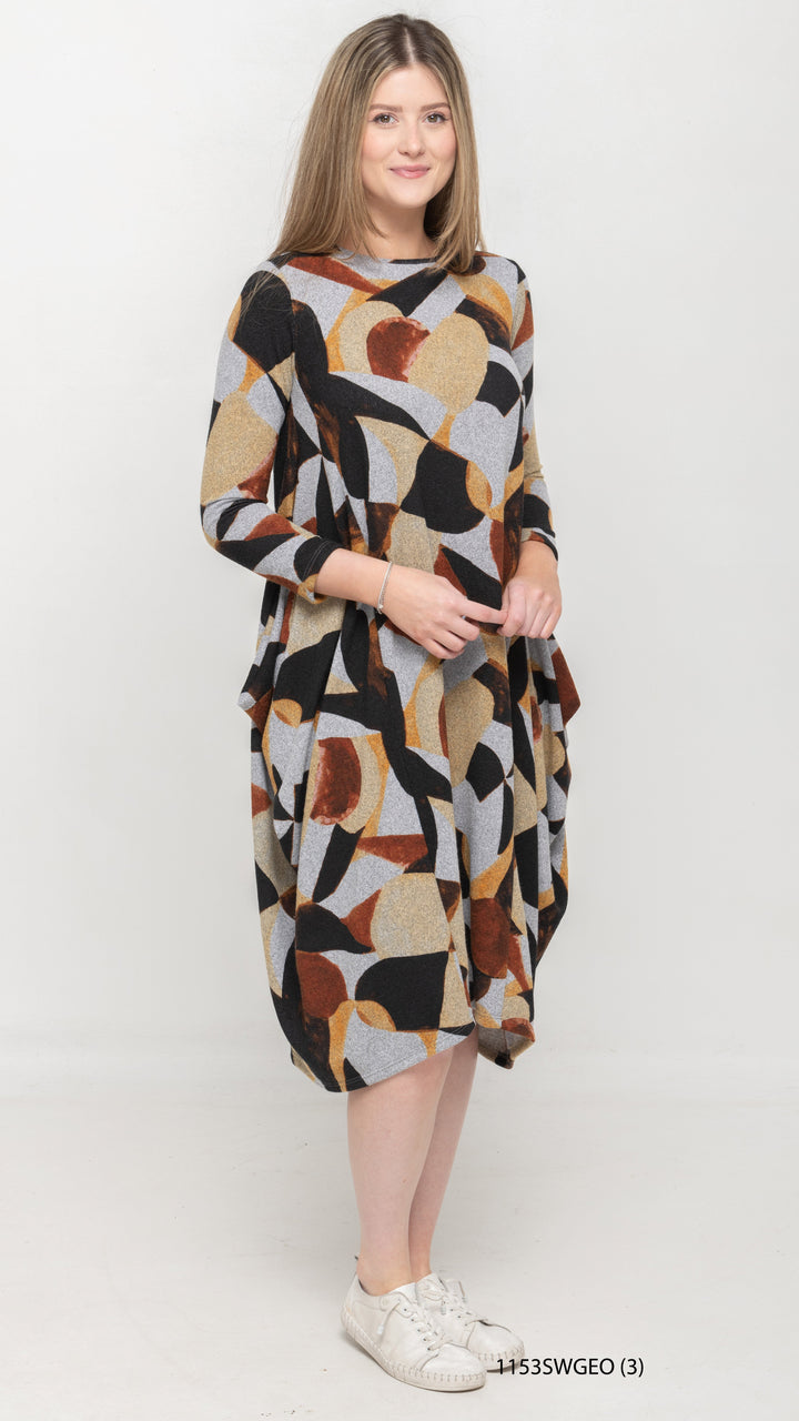 Boho Sweater Knit Dress - Taupe Geo