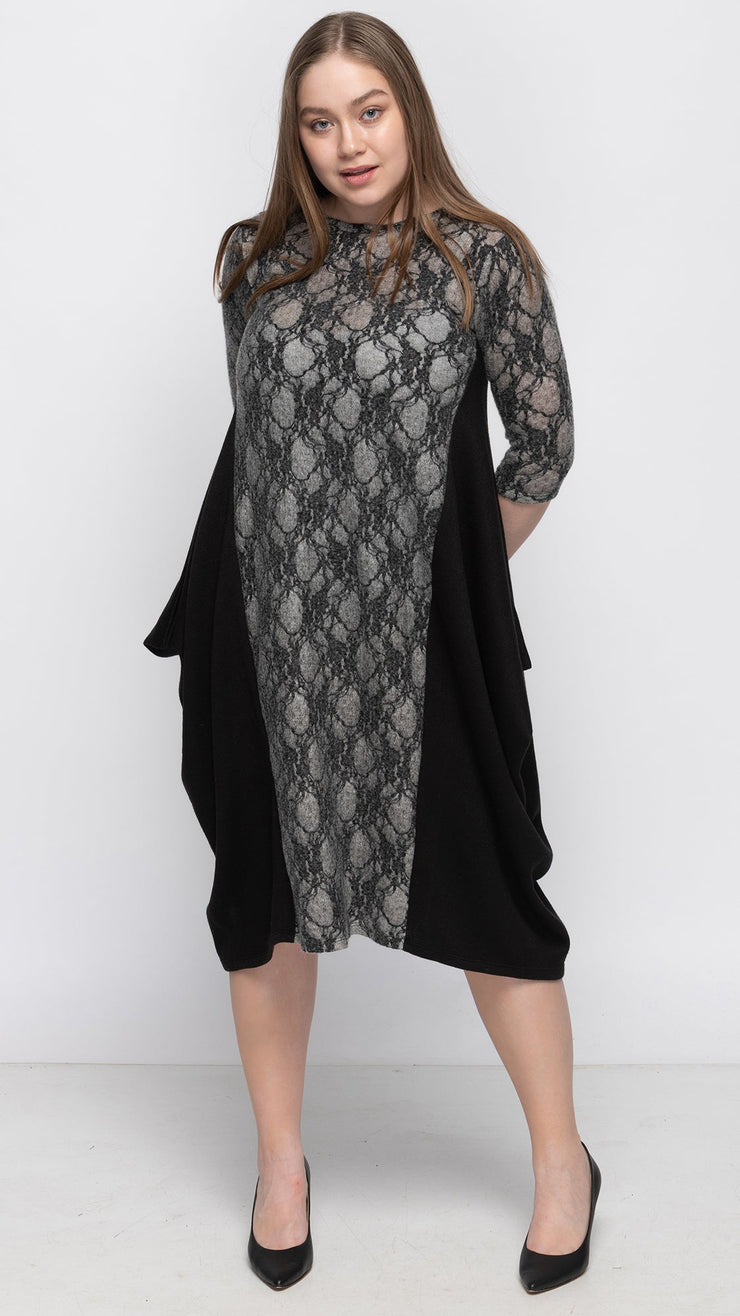 *XSMALL* Boho Heavy Sweater Knit Dress - Grey With Lace & Insert