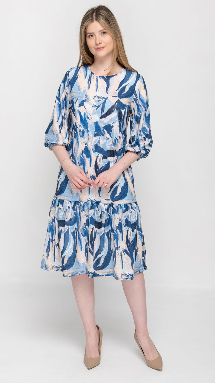 Tier Hem Dress Blue Leaf Print