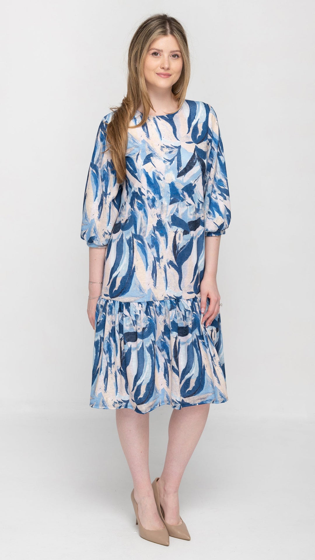 Tier Hem Dress Blue Leaf Print