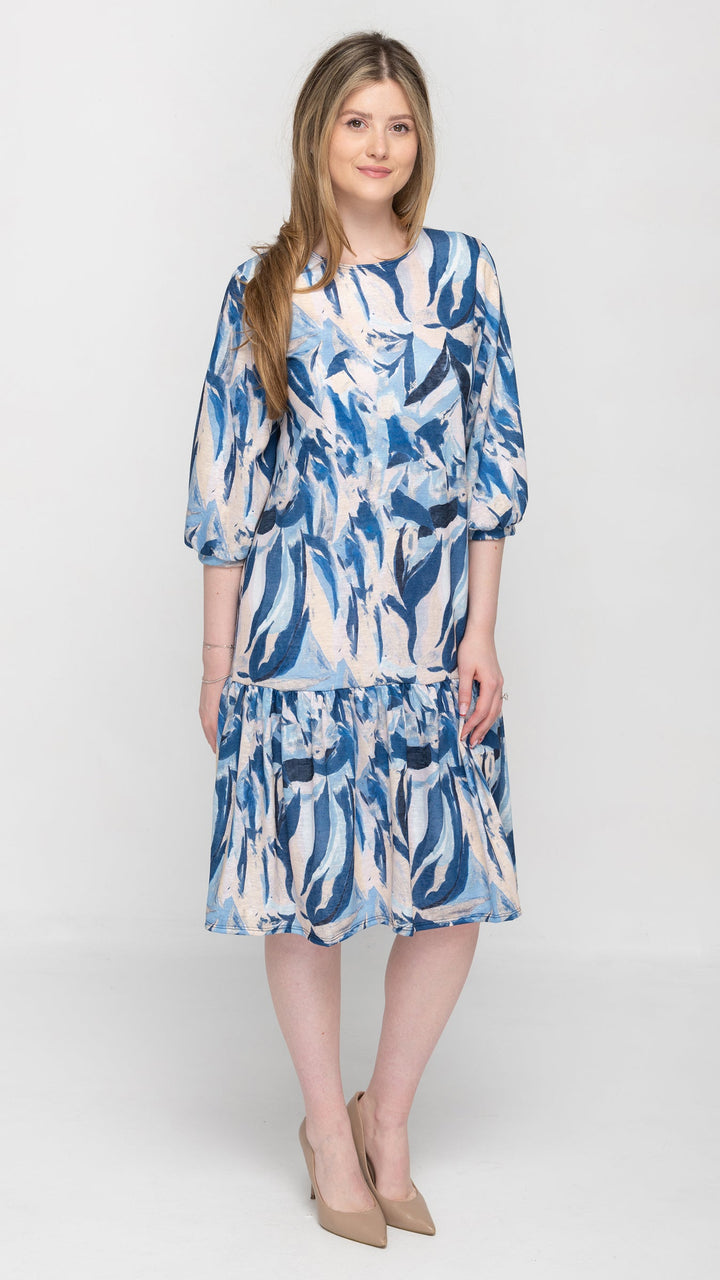 Tier Hem Dress Blue Leaf Print