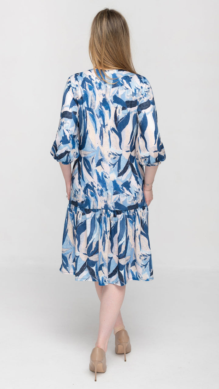 Tier Hem Dress Blue Leaf Print