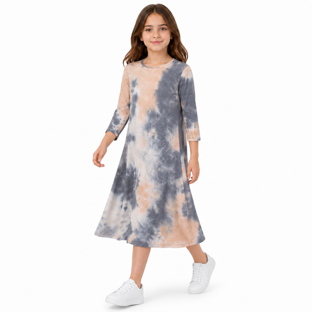 Girls Tunic Dress - Blue/Tan Tie Dye