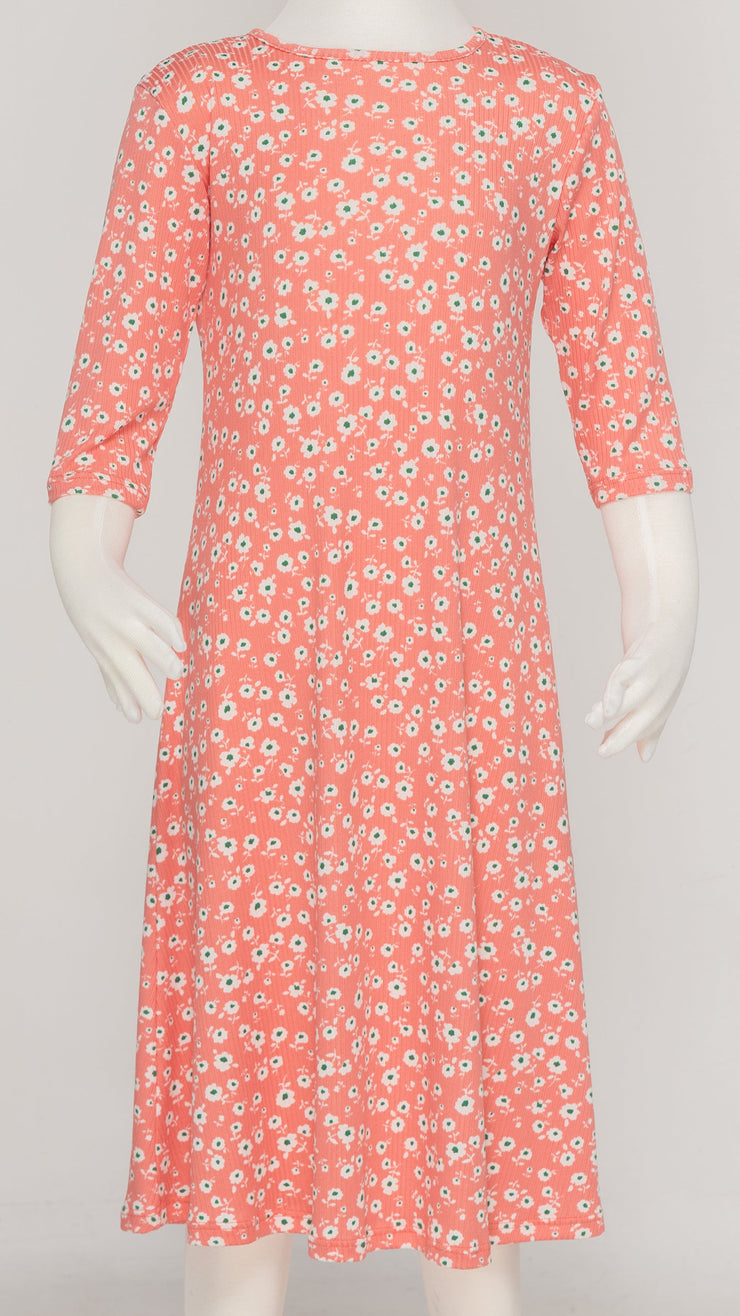 Girls Tunic Dress - Rib Coral Ditsy Floral