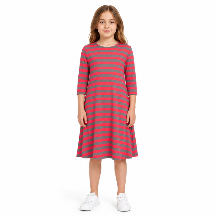Girls Tunic Dress - Coral/Grey Stripes
