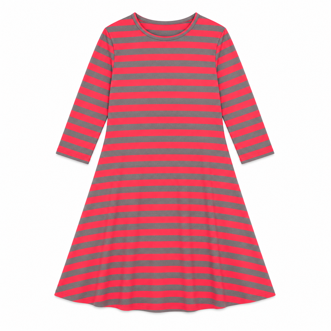 Girls Tunic Dress - Coral/Grey Stripes