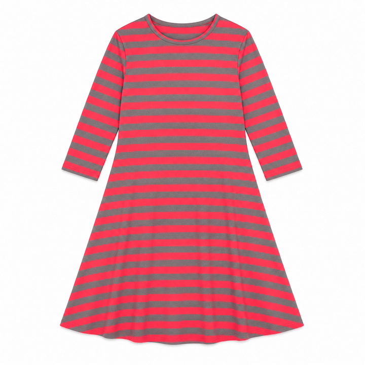 Girls Tunic Dress - Coral/Grey Stripes