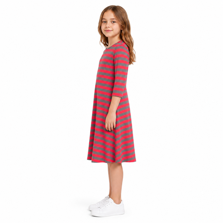 Girls Tunic Dress - Coral/Grey Stripes