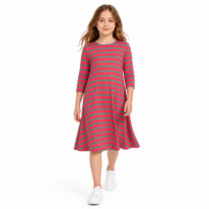 Girls Tunic Dress - Coral/Grey Stripes