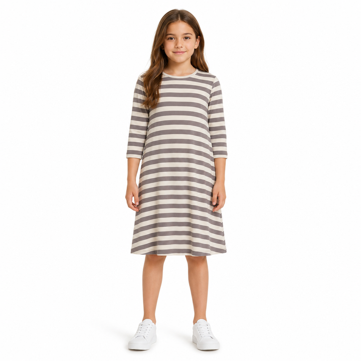 Girls Tunic Dress - Ivory/Grey Stripes