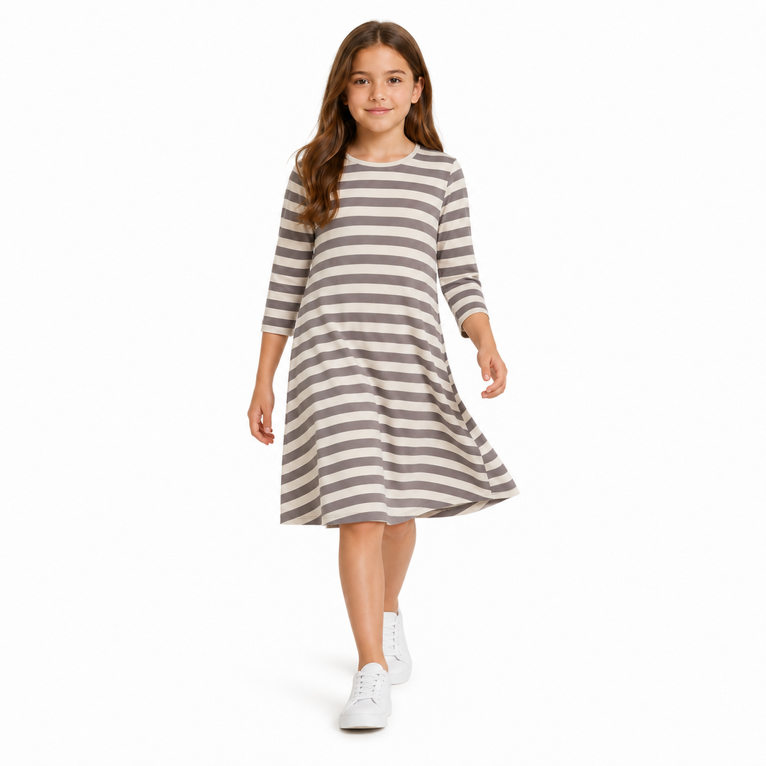 Girls Tunic Dress - Ivory/Grey Stripes