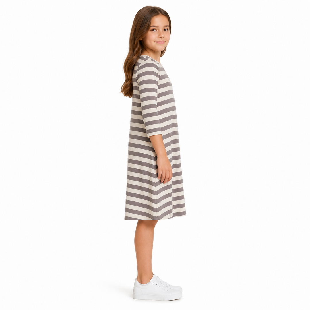 Girls Tunic Dress - Ivory/Grey Stripes