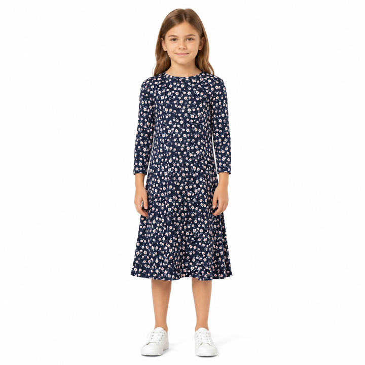 Girls Tunic Dress - Rib Navy Ditsy Floral