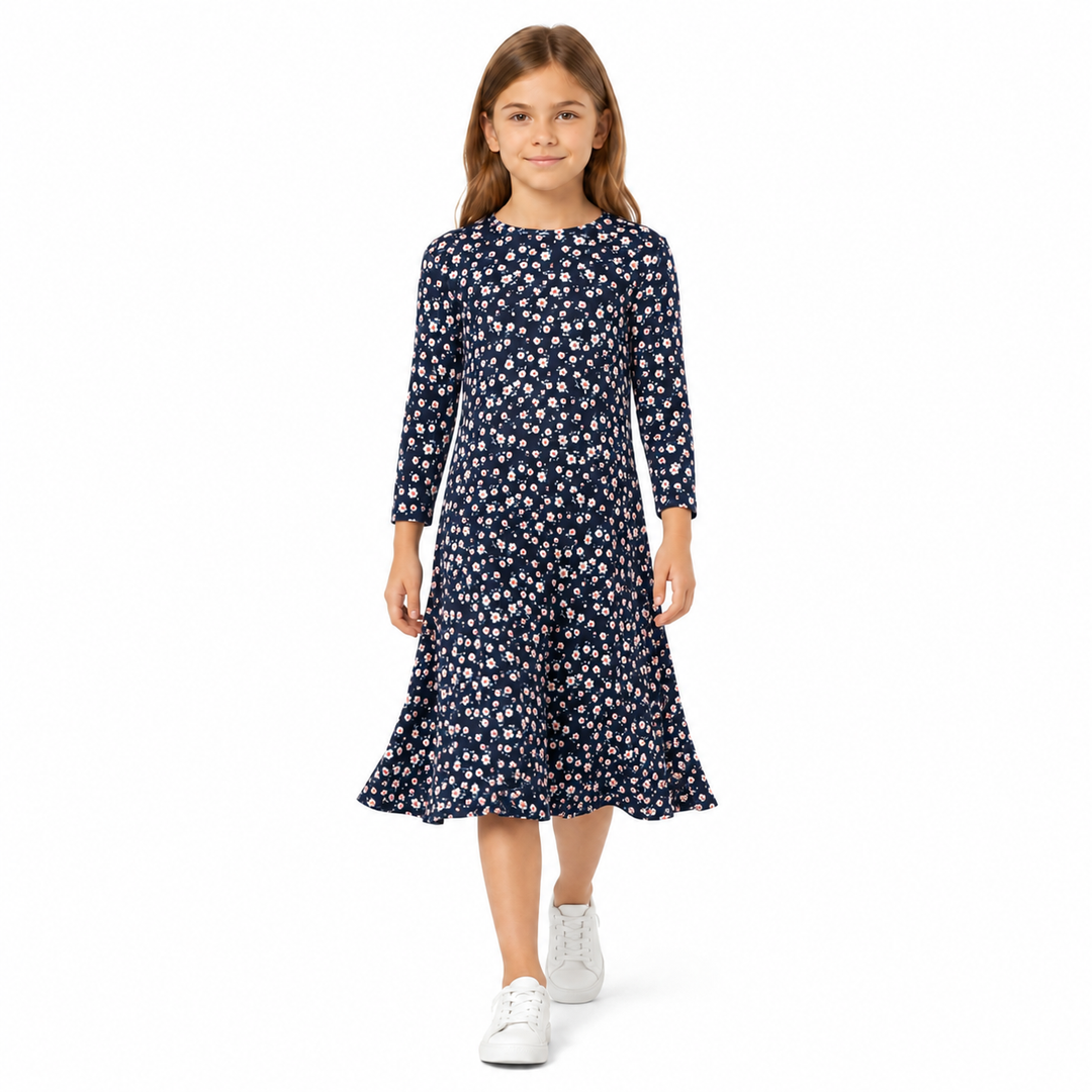 Girls Tunic Dress - Rib Navy Ditsy Floral